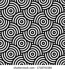 Black and white intersecting repeating circles pattern. Japanese style circles seamless background. Modern spiral abstract geometric wavy pattern, overlap circle. African Print fabric tribal motif