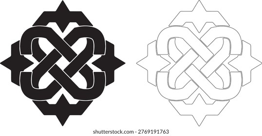 Black and white interwoven knot symbol with starburst