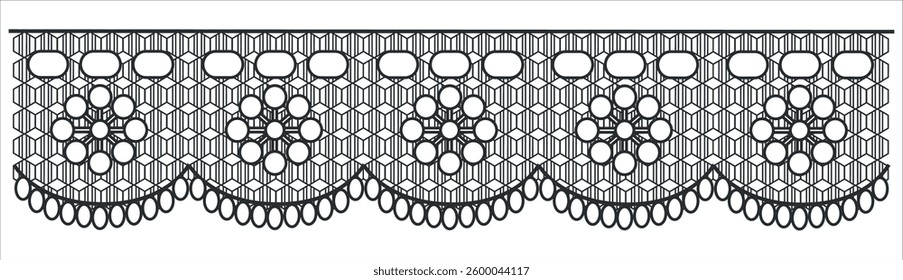 Black and white intricate floral lace design for fashion garments border. Woven lace ribbon. Paper cutting border, trims, frames and details. Vector artwork. Editable file. Vintage decorative lattice.