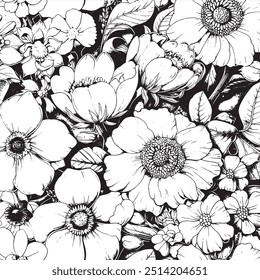 Padrão floral intrincado preto e branco com flores e folhas florescentes detalhadas em uma ilustração de design sem costura.

