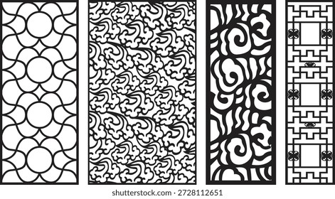 Black and white intricate jali patterns with geometric and floral