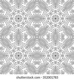 Black and white intricate lacy vector seamless pattern with stylized floral elements; folk, rustic or boho style