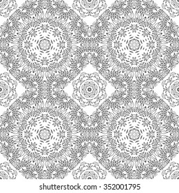 Black and white intricate lacy vector seamless pattern with stylized floral elements; folk, rustic or boho style