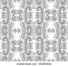 Black and white intricate lacy vector seamless pattern with sprouts or branches or twigs; folk, rustic or boho style