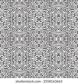 Black and white intricate lines interlacing vector seamless pattern. Beautiful elegant modern line art lacy ornaments. Endless ornate texture. Vector patterned background.
