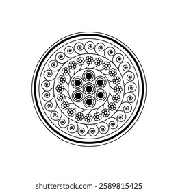 Black and White Intricate Mandala Artwork with Geometric Shapes Floral Motifs Concentric Circles Detailed Linework Ornate Border Symmetrical Design Zentangle Style Sacred Geometry