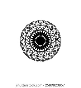 Black and White Intricate Mandala Artwork with Symmetrical Circular Pattern Geometric Shapes Floral Motifs Concentric Circles Ornate Border Zentangle Style and Sacred Geometry Elements