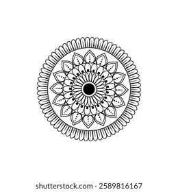 Black and White Intricate Mandala Design with Circular Geometric Shapes Floral Motifs Symmetrical Art Detailed Linework Decorative Border Zentangle Style Sacred Geometry