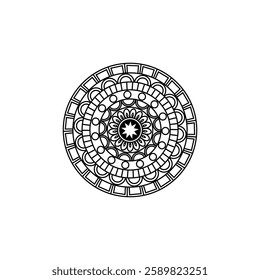 Black and White Intricate Mandala Design with Circular Pattern Geometric Shapes Floral Motifs Concentric Circles Symmetrical Artwork Detailed Linework Ornate Border Zentangle Style