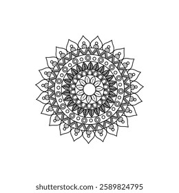 Black and White Intricate Mandala Design with Circular Pattern Geometric Shapes Floral Motifs Concentric Circles Symmetrical Artwork Ornate Border Zentangle Style Sacred Geometry Illustration