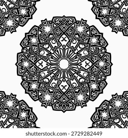 Un intrincado patrón de mandala en blanco y negro con repetidos Elementos florales con forma de estrella y diseños geométricos.