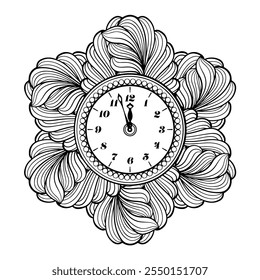 Black and white intricate New Year clock mandala vector illustration. Holiday antistress coloring page.
