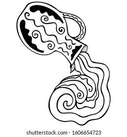 Black and white inverted jug with water pouring out of it. Coloring book antistress symbolizing the zodiac sign Aquarius. Waves flowing from a ceramic vessel. Hand drawing for a tattoo. Vector