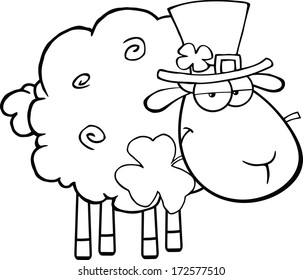 Black And White Irish Sheep Carrying A Clover In Its Mouth. Vector Illustration Isolated on white