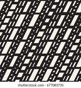 Black and White Irregular Dashed Lines Pattern. Modern Abstract Vector Seamless Background. Stylish Chaotic Rectangle Stripes Mosaic