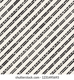 Black and White Irregular Rounded Dashed Lines Pattern. Modern Abstract Vector Seamless Background. Stylish Chaotic Rectangle Stripes Mosaic