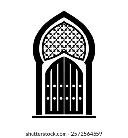 A black and white Islamic arch featuring intricate geometric patterns and a decorative door, symbolizing cultural and architectural heritage.