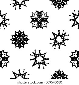 Black and white Islamic chamomile, cross, star seamless pattern. Contrast ornament with isolated traditional oriental geometric floral elements.