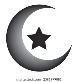 A black and white Islamic crescent moon and star symbol, representing faith, spirituality, and Islamic culture. Perfect for religious themes, Islamic events, Ramadan, and Eid-related designs.