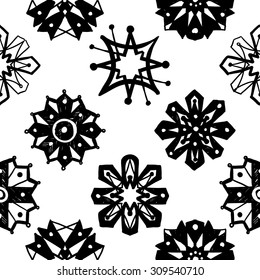 Black and white Islamic daisy, chamomile, rosette, snowflake, flower, cross, star seamless pattern. Contrast ornament with isolated traditional oriental geometric floral elements.