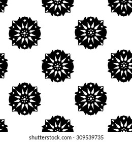 Black and white Islamic daisy seamless pattern. Contrast ornament with isolated traditional oriental geometric floral elements.