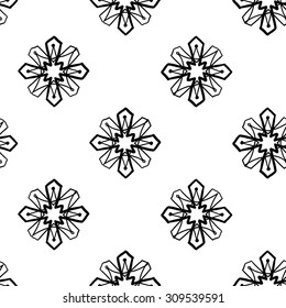 Black and white islamic flower seamless pattern. Contrasty ornament with isolated traditional oriental geometric floral elements.