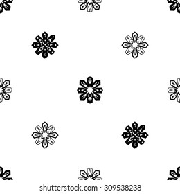 Black and white islamic rosece, snowflake, flower, cross, star seamless pattern. Contrasty ornament with isolated traditional oriental geometric floral elements.