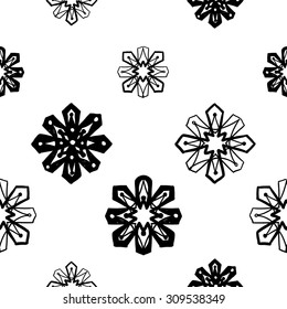 Black and white islamic rosece, snowflake, flower, cross, star seamless pattern. Contrasty ornament with isolated traditional oriental geometric floral elements.