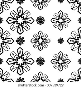 Black and white Islamic rosette and flower seamless pattern. Contrast ornament with isolated traditional oriental geometric floral elements.
