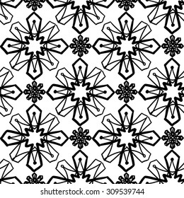 Black and white Islamic rosette and flower seamless pattern. Contrast ornament with isolated traditional oriental geometric floral elements.