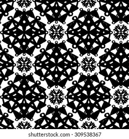 Black and white islamic rosette and rose seamless pattern. Contrasty ornament with isolated traditional oriental geometric floral elements.