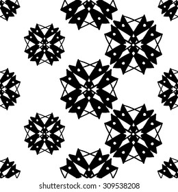Black and white islamic rosette seamless pattern. Contrasty ornament with isolated traditional oriental geometric floral elements.