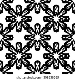 Black and white islamic snowflake seamless pattern. Contrasty ornament with isolated traditional oriental geometric floral elements.