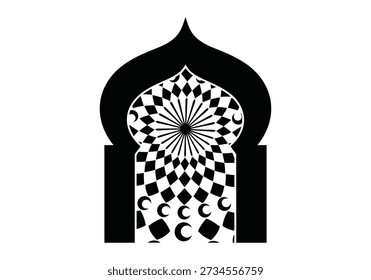 Black and white Islamic window arch frame with intricate geometric patterns and crescent moon motifs inside. Traditional architecture element with spiritual symbols.