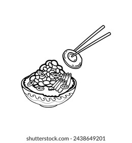 black and white isolate natto and rice japanese food flat style illustrations