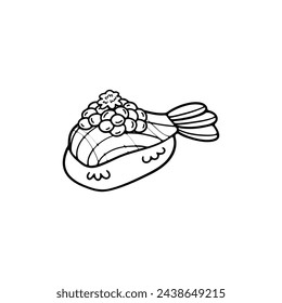 black and white isolate shrimp sushi japanese food flat style illustration