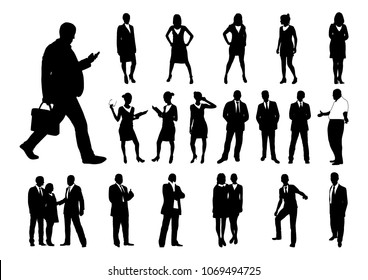 Black and white isolated business people silhouettes set. Woman and man office and partnership vector set. 