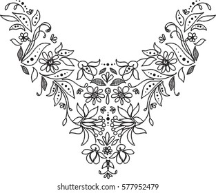 black and white isolated collar neck lace embroidery textile floral leaves dots doodle ornament vector on white