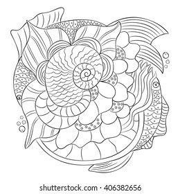 Black white isolated decorative hand drawn motive, two fishes in flowers, shell, floral design, colorbook
