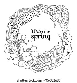 Black white isolated decorative hand drawn frame, fruits in flowers, floral design, color book