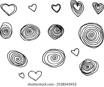 Black and white isolated graphic of spirals hand-drawn doodle spiral tree rings heart outline symbol of love minimalist doodle design abstract texture hand-drawn pen art Trendy monochrome ink