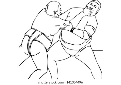 Black and white isolated hand drawn vector illustration of two male Japanese Sumo wrestlers in a fight. Can be resized and coloured in.  