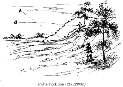 Black and white isolated hand drawn vector nature illustration with childrens on main view. Using for travel and nature background 