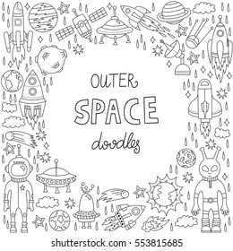 Black and white isolated hand drawn outer space cosmos doodles collection