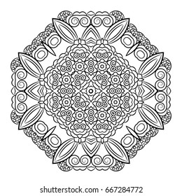 Black white isolated hand drawn mandala, coloring book print element, vector ornament