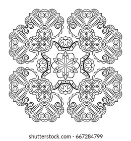 Black white isolated hand drawn mandala, coloring book print element, vector ornament