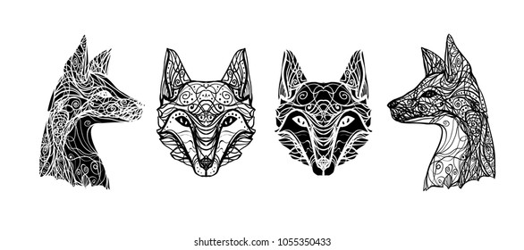 Black and white isolated image of a fox head in front and profile for tattoos and printing on postcards, cloth and T-shirts on a white background