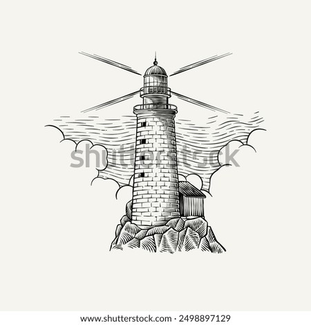 black and white isolated lighthouse illustration in engraving style