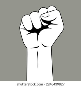 Black and white isolated line drawing of a hand clenched into a fist as a symbol of fight, freedom, protest and solidarity. Vector illustration