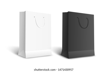 Black and white isolated paper bags for retail shopping, empty realistic mockup of store merchandise or gift package, contrast color realistic vector illustration on white background